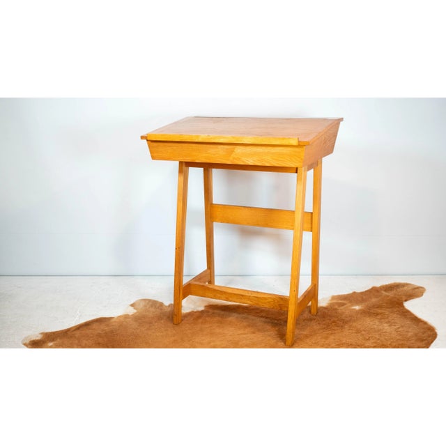 Vintage Charles Webb architect, standing, drafting desk, circa 1970s. Excellent craftsmanship. Vibrant oak wood...