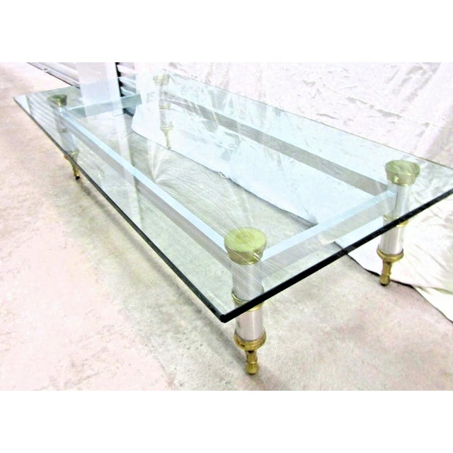Hollywood Regency 1960's Maison Jansen 78" Aluminum With Brass Accent Thick Beveled Glass Cocktail Table For Sale - Image 3 of 10