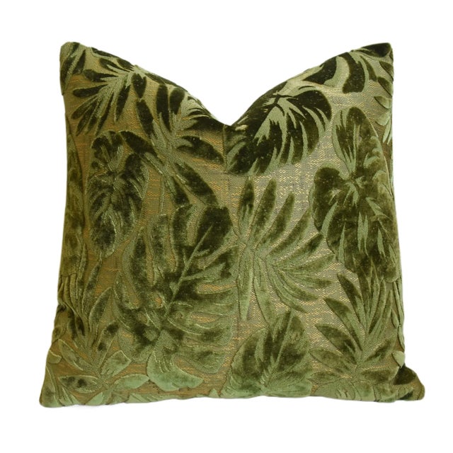 French Provincial Green Botanical Leaves Velvet Feather/Down Pillow 18" Square For Sale - Image 3 of 9