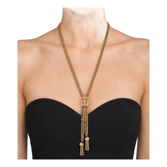 Edwardian 14k Gold Diamond Double Tassel Slide Necklace, Circa 1910 For Sale