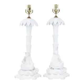 Pair of Vintage Chinoiserie White Tole Palm Tree and Figurine Table Lamps For Sale