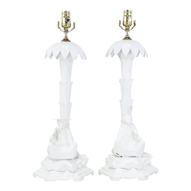 Pair of Vintage Chinoiserie White Tole Palm Tree and Figurine Table Lamps For Sale