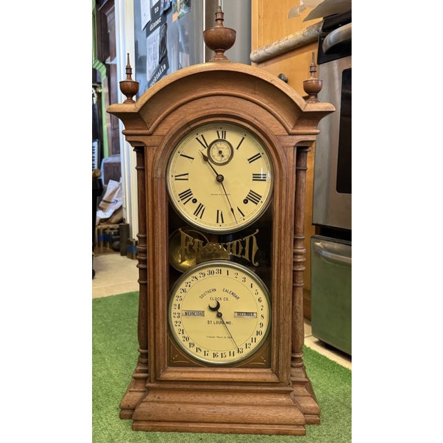 Wood Antique Seth Thomas Double Dial Calendar Clock For Sale - Image 7 of 12
