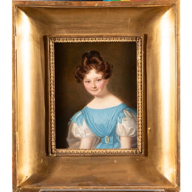 Unknown, Portrait of a Young Lady in Blue Empire Dress, 1800s, Oil on Canvas For Sale - Image 4 of 14