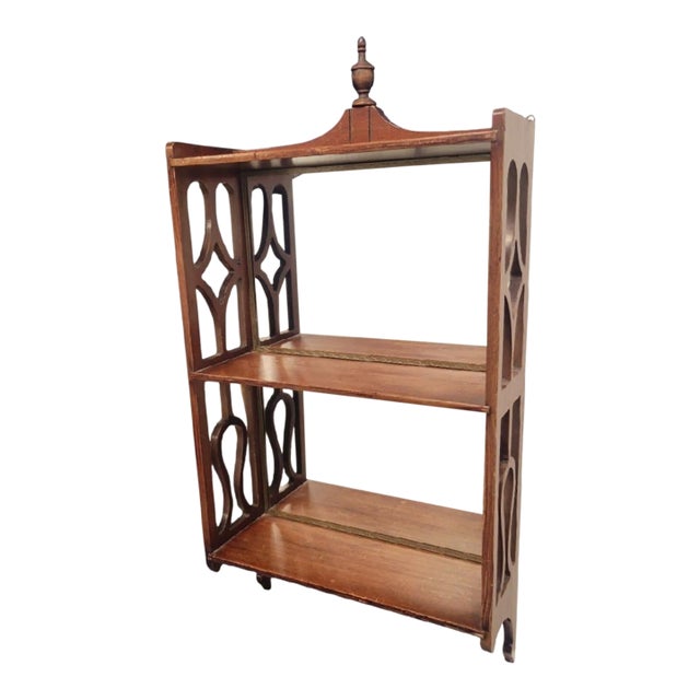 Vintage Small Chippendale Wood Mirrored Back 2 Shelf Pagoda Wall Shelf For Sale