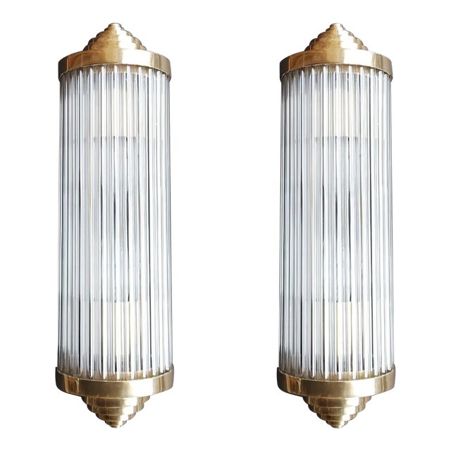 Vintage Art Deco Skyscraper Brass & Glass Rod Fixture Ship Light Wall Sconces - a Pair For Sale