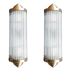 Vintage Art Deco Skyscraper Brass & Glass Rod Fixture Ship Light Wall Sconces - a Pair