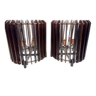1960s Mid-Century Modern Walnut & Brass Slat Table Lamps, Sculptural Barrel Form, a Pair For Sale