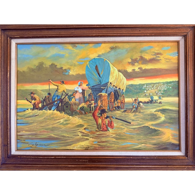 Vintage Original Oil Painting Pioneer Wagon River Crossing Dawn Signed Horman For Sale - Image 14 of 14