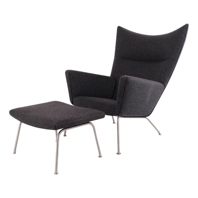 Set of Model CH445 Wingchair and Ottoman in Grey Hallingdal by Hans J. Wegner for Carl Hansen & Søn, Set of 2 For Sale