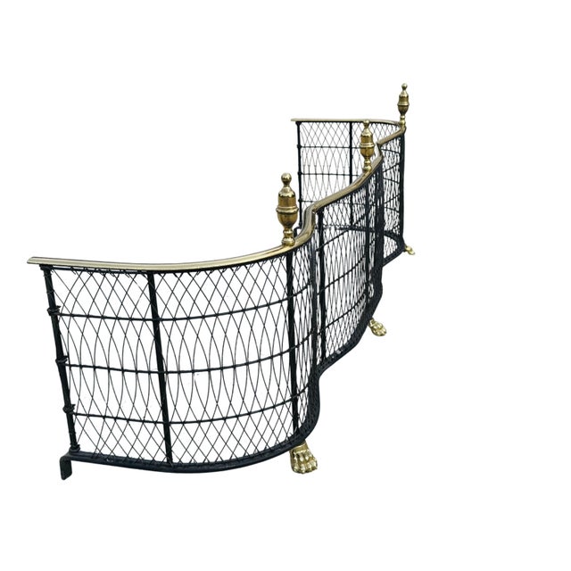 Vintage Brass Fireplace Fender – Federal Regency Serpentine Hearth Guard With Lion’s Paw Feet & Wire Lattice For Sale - Image 6 of 13