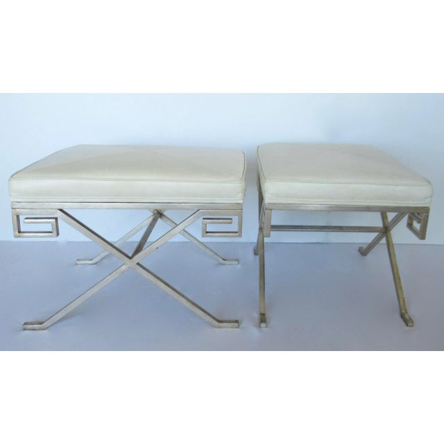 C. .2001 Nancy Corzine Gilt Sterling Silver Over Forged Metal "Greek Key," Leather Topped "Marston" Benches For Sale In West Palm - Image 6 of 18