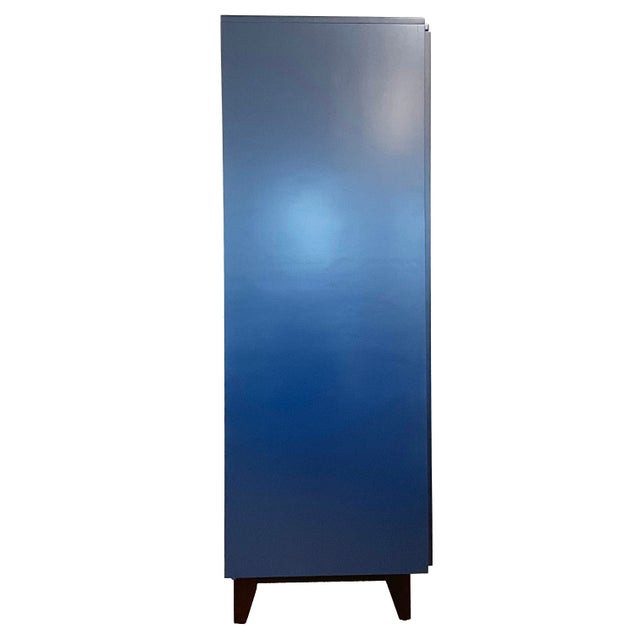 2020s Green Bay Modern Blue Lacquer Armoire With Tapered Wood Legs and Metal Pulls For Sale - Image 5 of 7