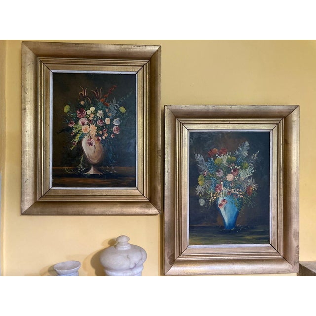 F. Domínguez, Floral Still Lifes, 1945, Oil on Pressed Cardboard, Set of 2, in Very Good conditions. Designed 1920 to 1949