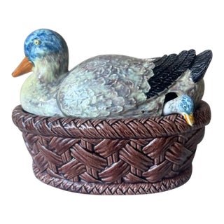 Bordallo Pinheiro Lidded Duck Figure Soup Tureen With Baby Duck Spoon For Sale