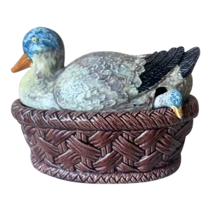 Bordallo Pinheiro Lidded Duck Figure Soup Tureen With Baby Duck Spoon