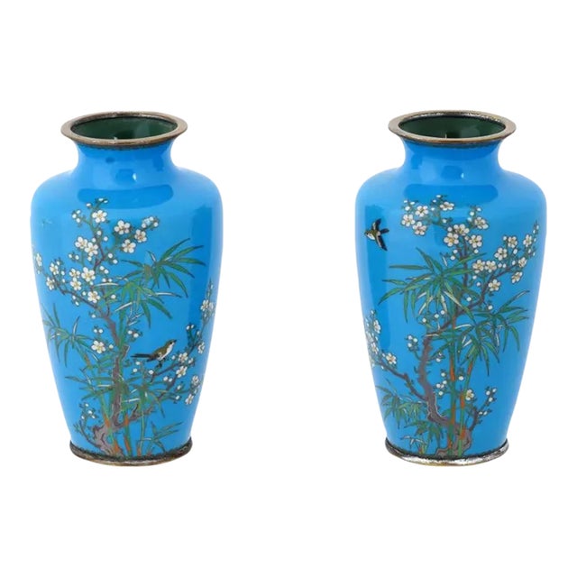 Pair of Meiji Japanese Cloisonne Turquoise Enamel Silver Birds in Bamboo Vases For Sale