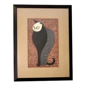 Kiyoshi Saito Signed Stamped Japanese Woodblock Print of Pensive Cat Circa 1960
