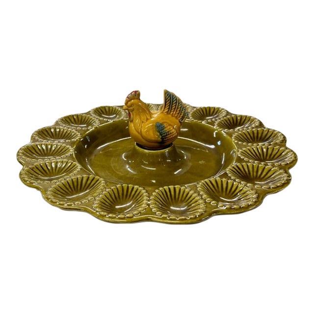 Mid Century California Pottery Deviled Egg Dish With a Chicken in Its Middle For Sale