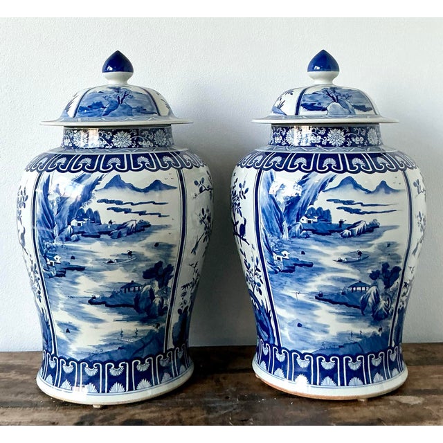 Chinoiserie Vintage Boho Monumental Blue and White Lidded Ginger Jars - A Pair For Sale - Image 3 of 8