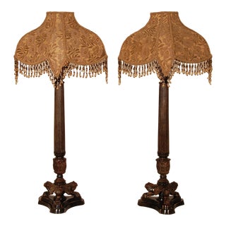 Antique French Empire Napoleonic Table Lamps Tripod Base Lion Paws Cast Iron Patinated - a Pair For Sale