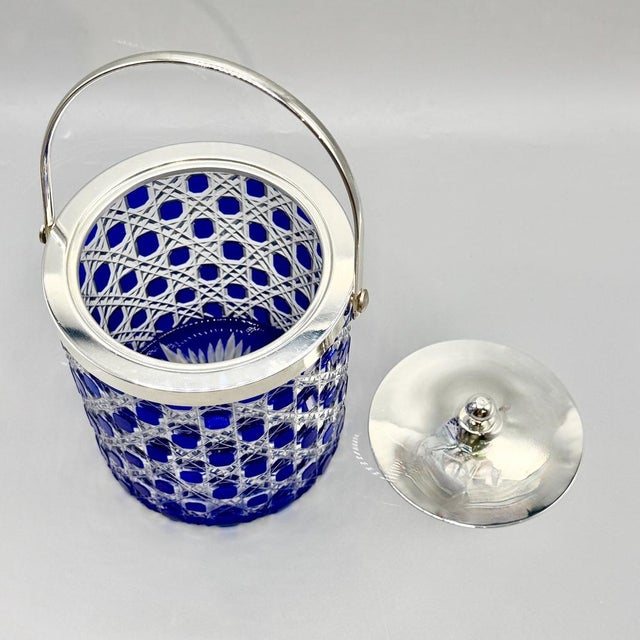 Mid-Century Modern Cobalt Blue Overlay Cut Crystal Biscuit Barrel with Silver-Plated Mount, 1950s For Sale - Image 11 of 18