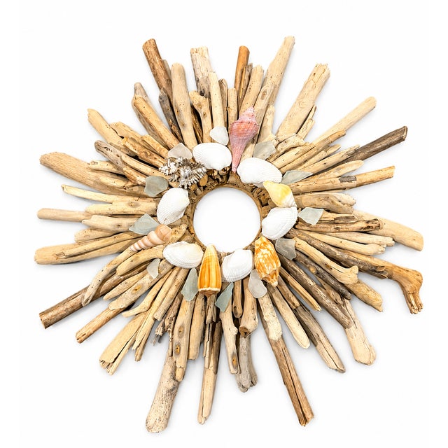 Coastal Driftwood Sunburst Wall Wreath With Seashells & Sea Glass, 21” For Sale - Image 12 of 12
