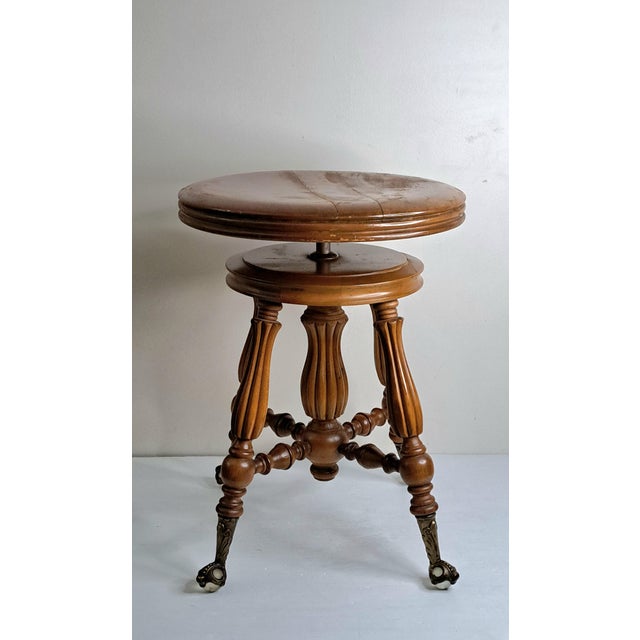 Antique H. Holtzman & Sons Victorian Adjustable Swivel Piano Stool With Glass Ball Claw Feet For Sale - Image 4 of 17