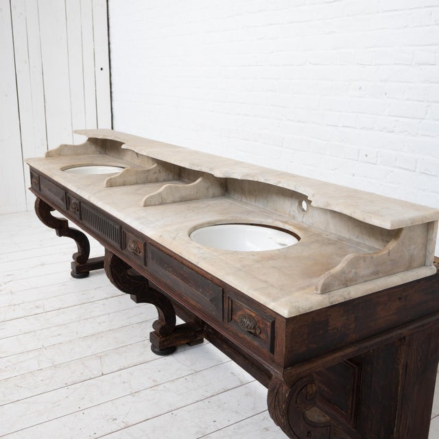 Antique barber's cabinet, 1900. Original patina. Tilting sinks at the back. Removable marble top. Functional drawers. Top...