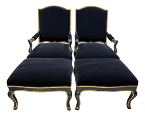 French Lounge Chairs & Ottomans in Black Mohair With 14k Gold Accented Finish - 4 Pieces
