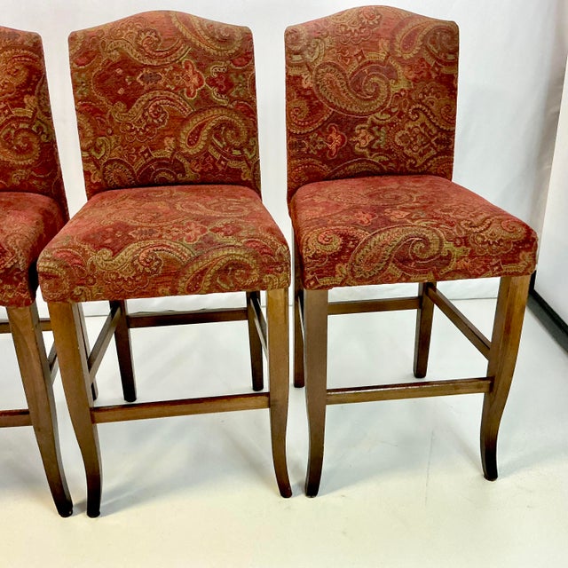 Wood 1980s Vintage Regency Empire Italian Boho Chic Upholstered Bar Stools - Set of 4. For Sale - Image 7 of 14