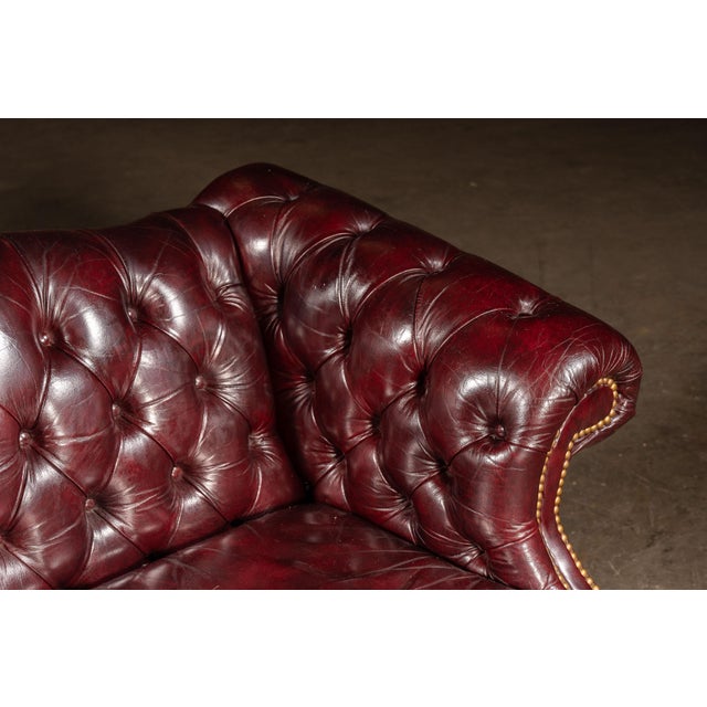 Vintage Chippendale-Style Camelback Chesterfield Leather Sofa in Oxblood For Sale - Image 11 of 12