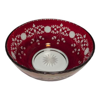 Vintage Bohemian Ruby Cut-to-Clear Crystal 10" Centerpiece Bowl – Daisy & Floral Swag For Sale