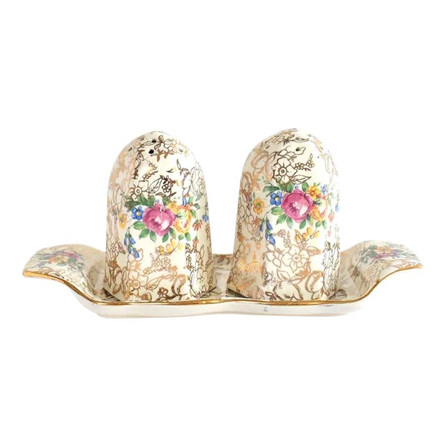 Vintage English Gold Chintz Lord Nelson Ware Salt and Pepper Set- 3 Pieces For Sale