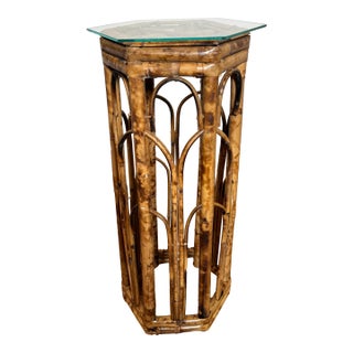 Vintage Hollywood Regency Tortoiseshell Burnt Bamboo Hexagon Glass Top Drink Accent Table For Sale