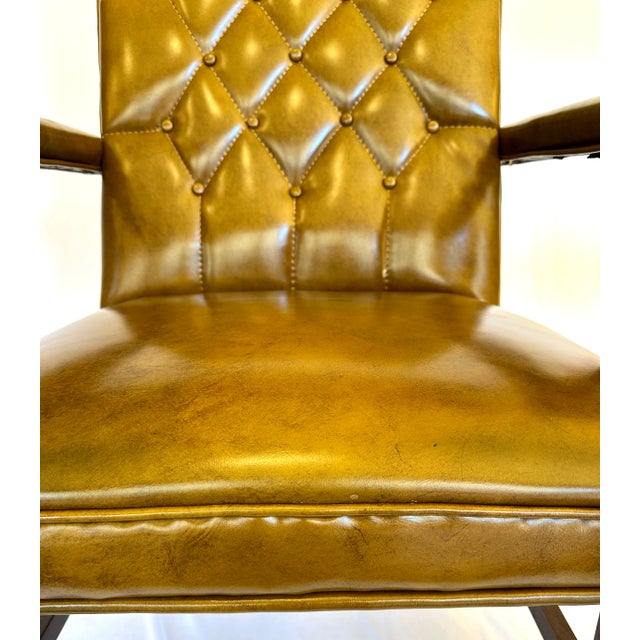 Wood Vintage Mid-Century Tufted Camel Vinyl Armchair on Casters For Sale - Image 7 of 13