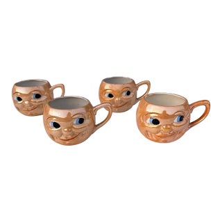 Vintage Anthropomorphic Man in the Moon Porcelain Mugs – Set of 4 Lusterware Figural Cups, Made in Japan (1920s–1930s) Pre-War Novelty Drinkware For Sale