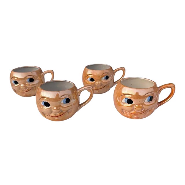 Vintage Anthropomorphic Man in the Moon Porcelain Mugs – Set of 4 Lusterware Figural Cups, Made in Japan (1920s–1930s) Pre-War Novelty Drinkware For Sale