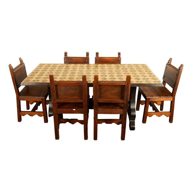 Brown Antique Spanish Colonial Hacienda Walnut Talavera Tile Top Table Six Chairs 1890 For Sale - Image 8 of 17