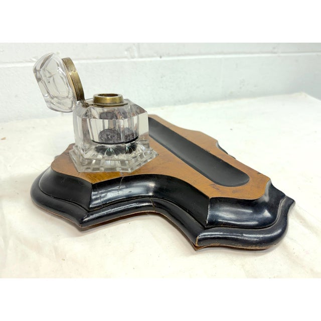 Brass Share Antique 19th Century Handmade European Wood Glass Inkwell Pen Holder Stand For Sale - Image 8 of 12