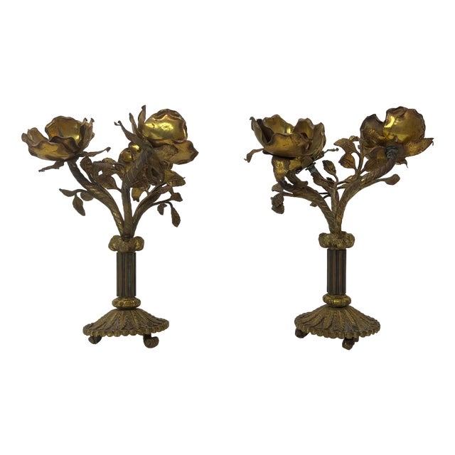 Vintage Brass Table Ornaments with Flowers, France, 1960s, Set of 2 For Sale