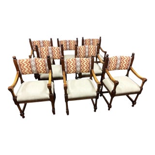 Spanish Style Oak Dining Chairs With New Linen Upholstery - Set of 8 For Sale