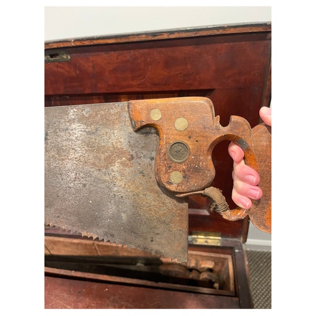 Early 20th Century Original Hand Painted Cabinet Maker Trunk + Antique Tools For Sale - Image 4 of 10