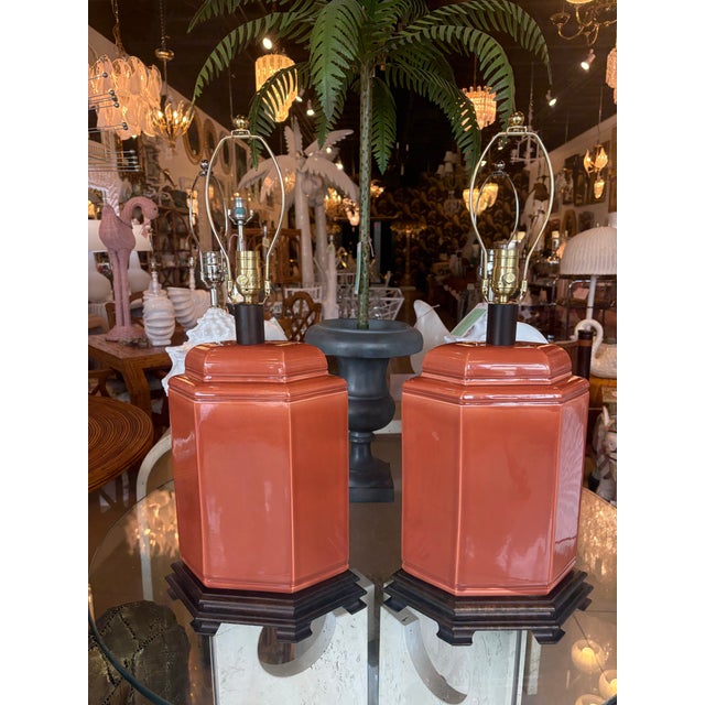 Orange Vintage Pair of Orange Chinoiserie Ceramic Table Lamps Newly Wired For Sale - Image 8 of 12