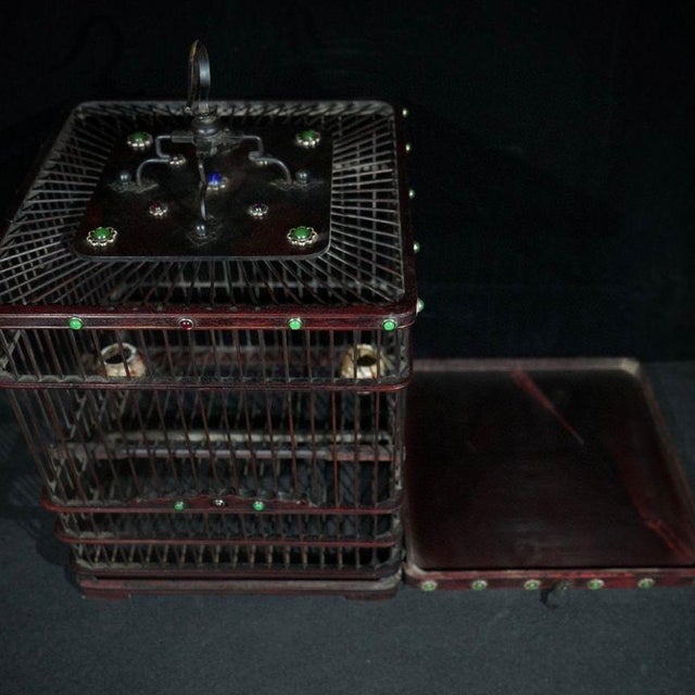 Gemstone Rosewood Birdcage With Gemstone Inlay and Ceramic Feeders For Sale - Image 7 of 9