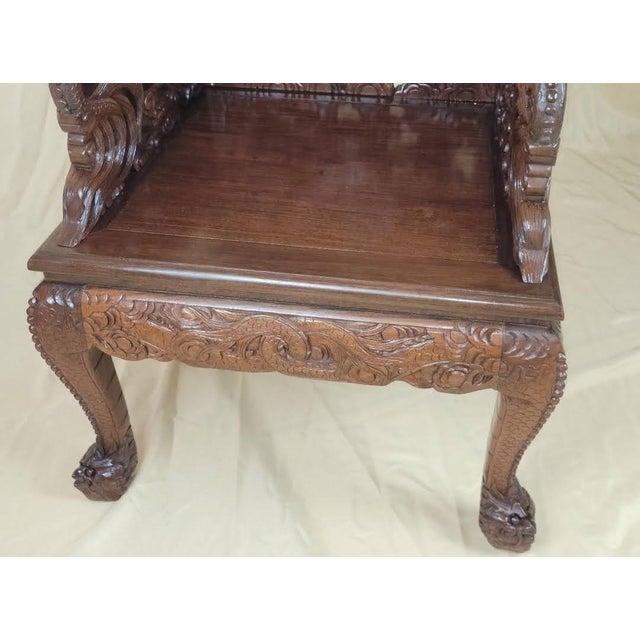 Wood Late 19th Century Antique Chinoiserie Hand-Carved Rosewood Dragon Throne Chair With Owl Feet, Circa 1900 For Sale - Image 7 of 13