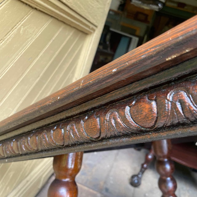 Wood Late 19th Century Arts and Crafts Era Oak Side Table With Huge Metal and Glass Ball-and-Claw Feet For Sale - Image 7 of 10