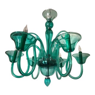 Venetian Murano Aquamarine Six-Arm Art Glass Chandelier For Sale