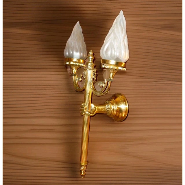 Antique French Regency Brass/ Bronze Hand Held Torch Wall Sconce With Flame Shades For Sale - Image 16 of 18