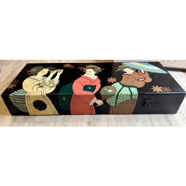 Vintage Japanese Hand Painted Wood Box W/Handles 39" For Sale In Montgomery - Image 6 of 14